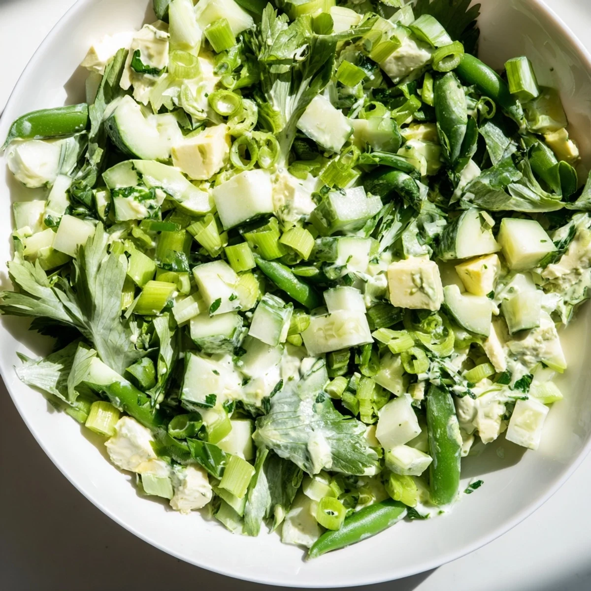 Bright, crunchy salad greens, snap peas, and diced avocado make up Green Goddess Salad with Cucumber and Avocado.