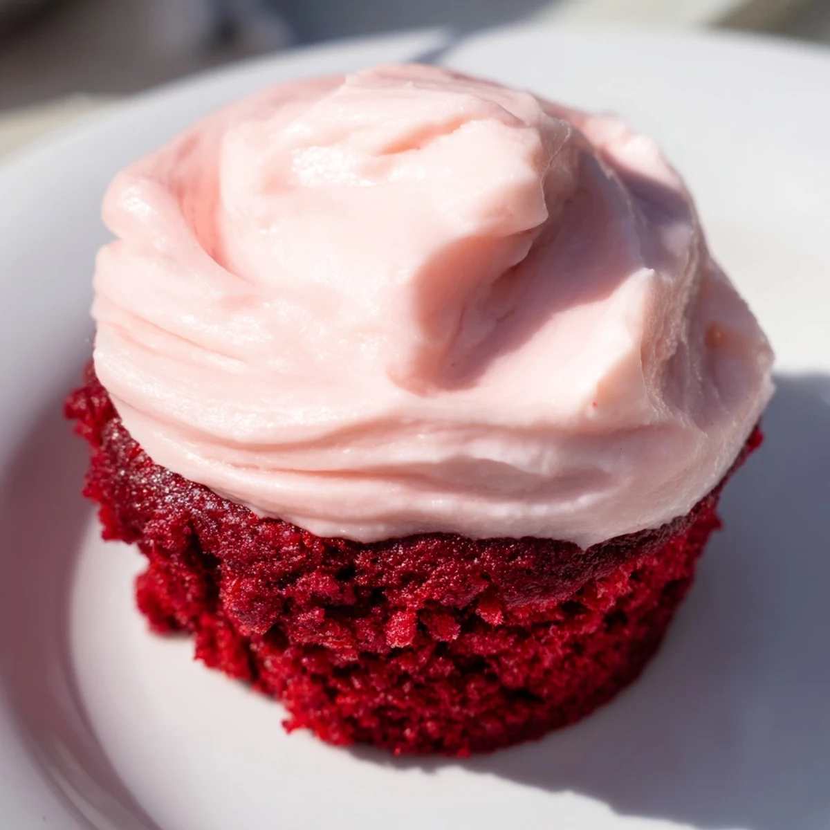 Freshly baked Red Velvet Cupcakes with Pink Cream Cheese Frosting sit on a wire cooling rack, their velvety crumb and pastel swirls inviting.