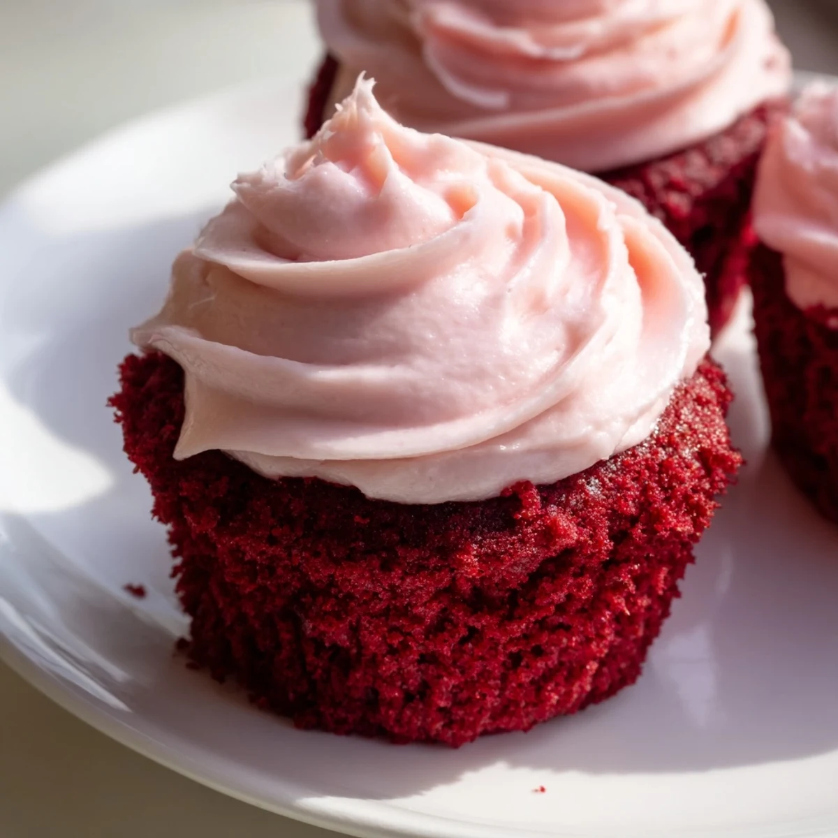 Tall swirls of pink cream cheese frosting top these homemade Red Velvet Cupcakes, garnished with festive sprinkles on a marble countertop.