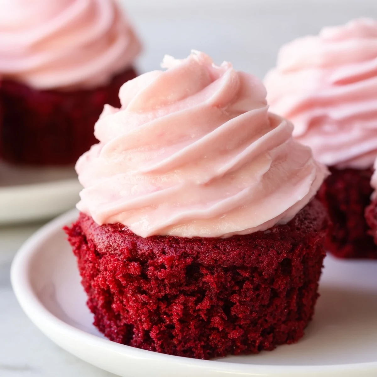 A platter of Red Velvet Cupcakes with Pink Cream Cheese Frosting ready to serve at a birthday party, with sliced strawberries alongside.