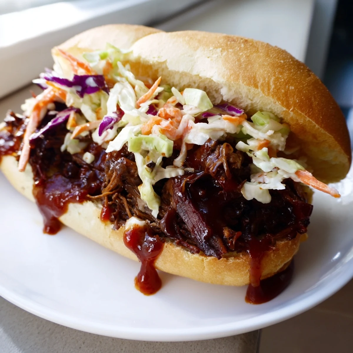 Slow roasted pulled beef sandwiches piled high on a soft bun with crunchy coleslaw and tangy pickles. 