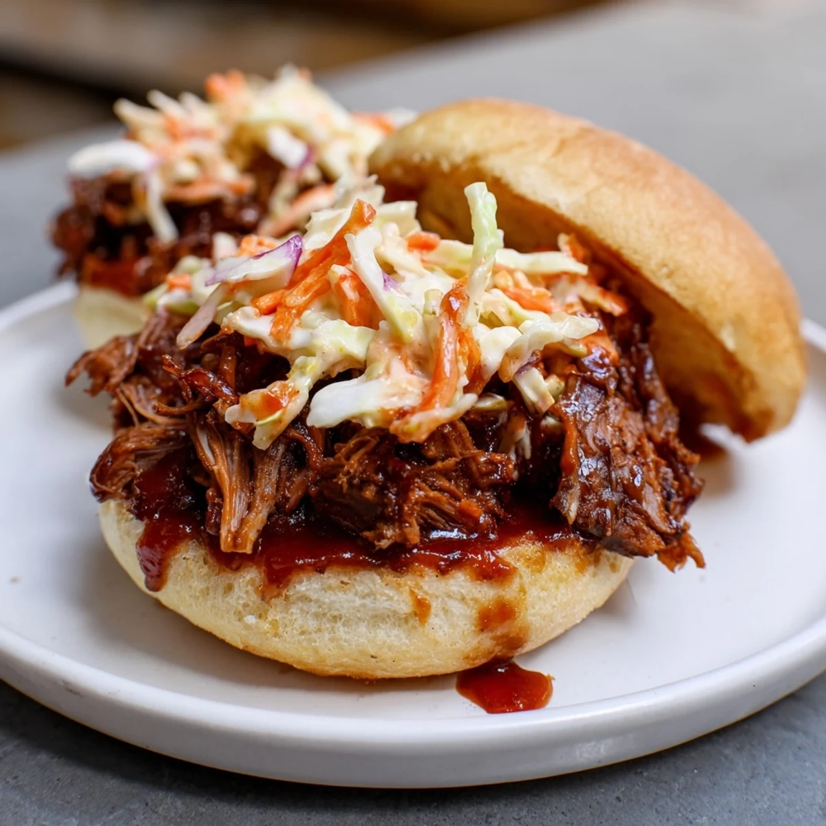 Tender shredded slow roasted pulled beef sandwiches with rich BBQ sauce and creamy slaw on the side.