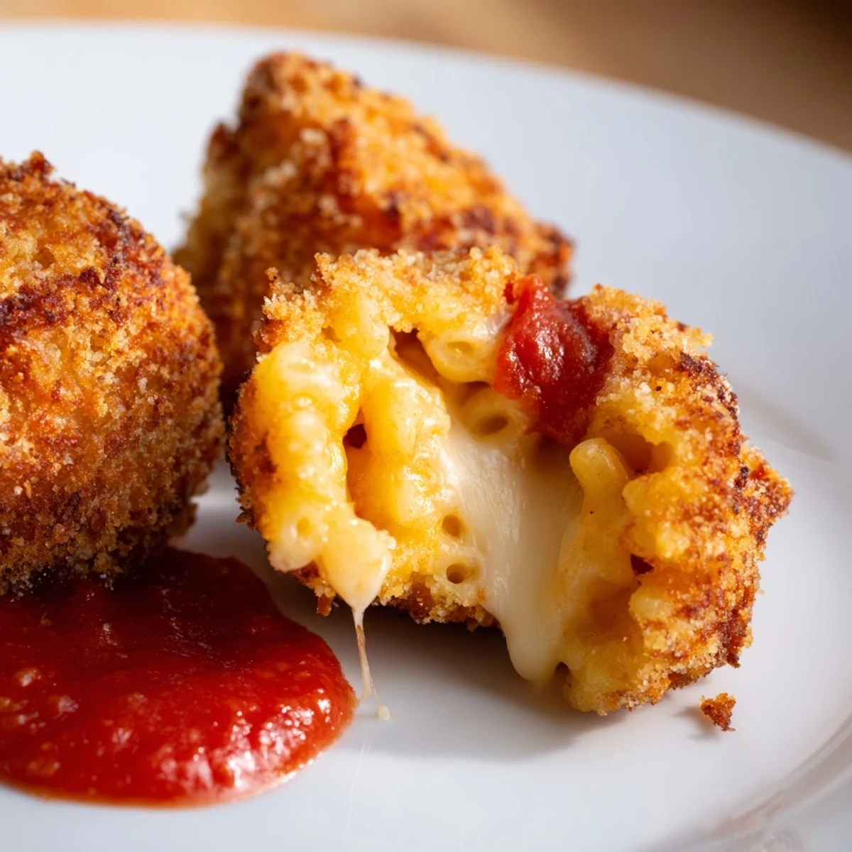 Freshly fried Macaroni and Cheese Balls emerge from bubbling oil, golden-brown and ready to dip.