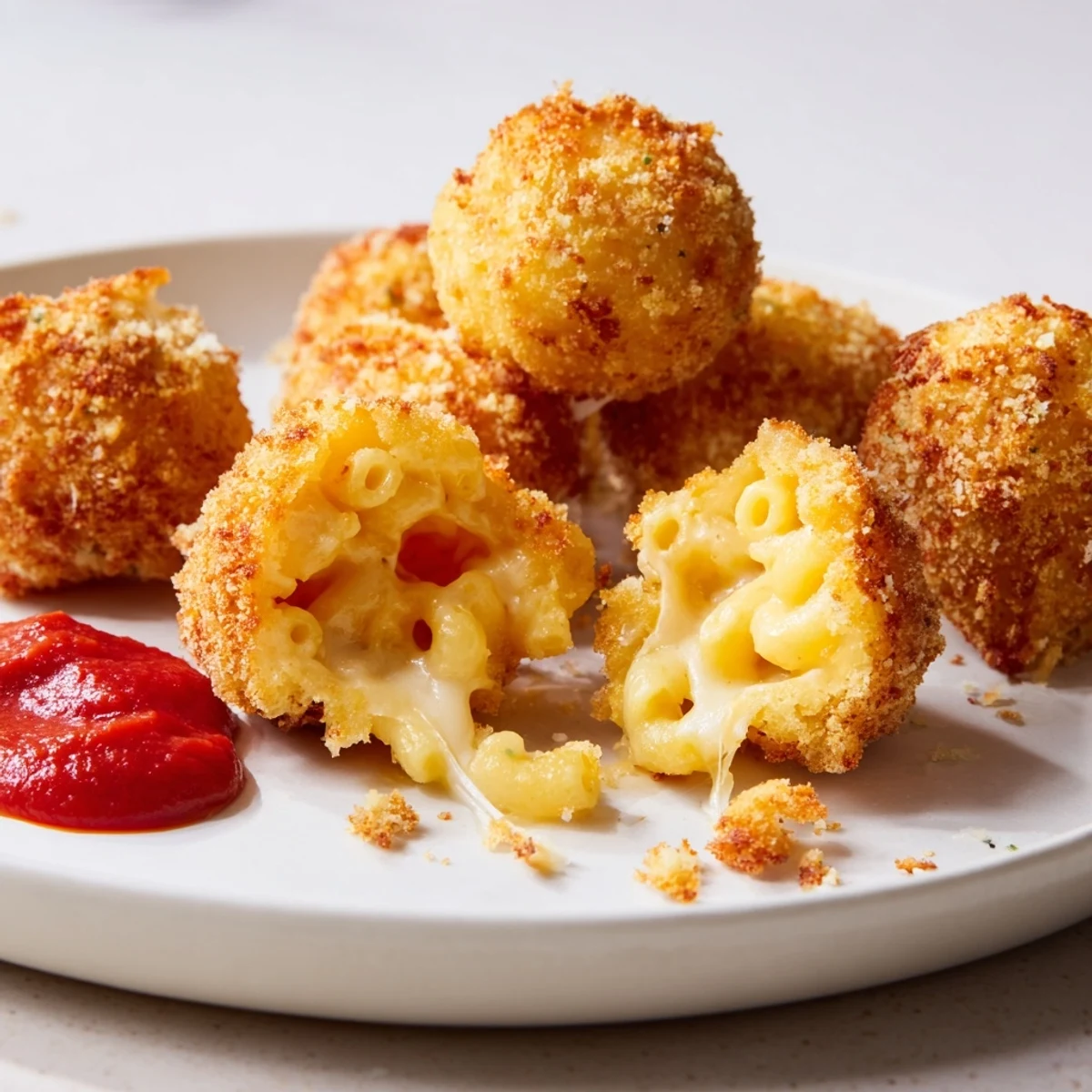 Crispy golden Fried Macaroni and Cheese Balls rest on a plate, a warm bowl of marinara beside them.