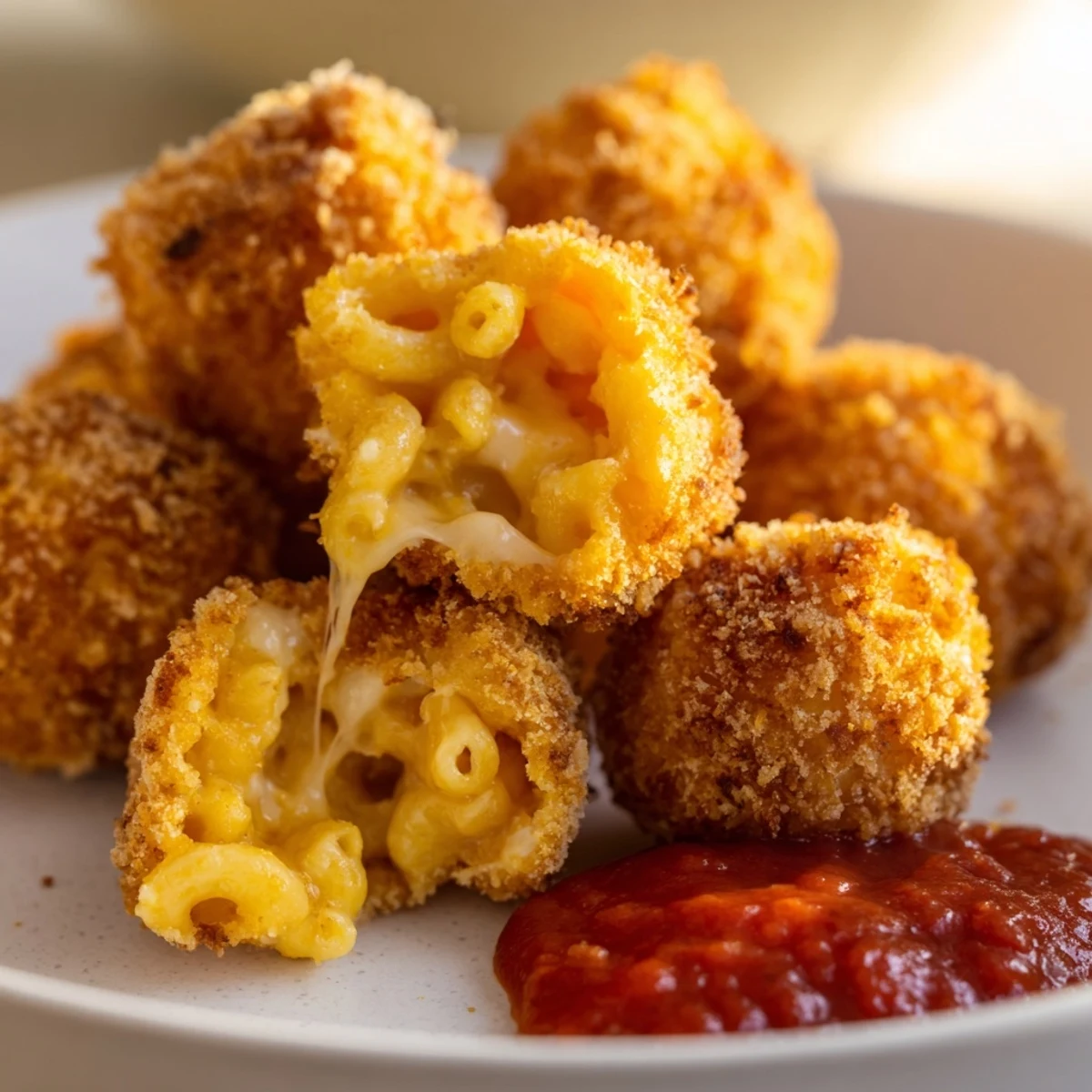 A wooden platter displays Fried Macaroni and Cheese Balls with marinara, ideal for a game-day snack.