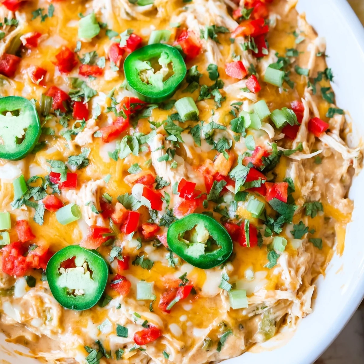 Warm, bubbly Chicken Enchilada Dip with melted cheese is served alongside crisp tortilla chips.