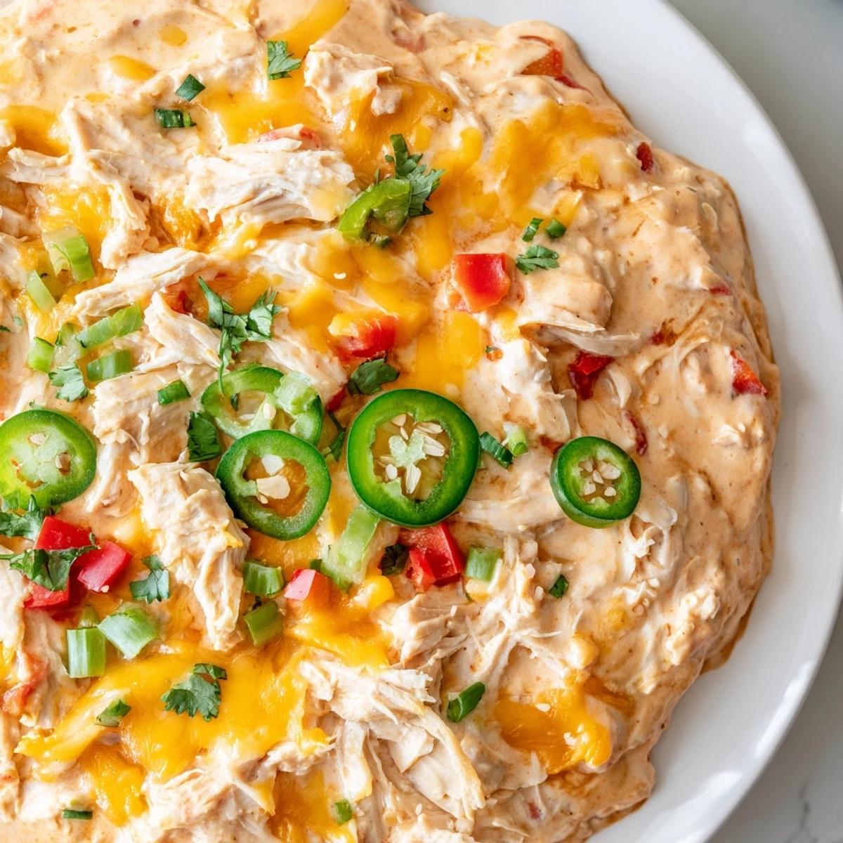 Golden, bubbly Chicken Enchilada Dip with melted cheese is served with tortilla chips for dipping.