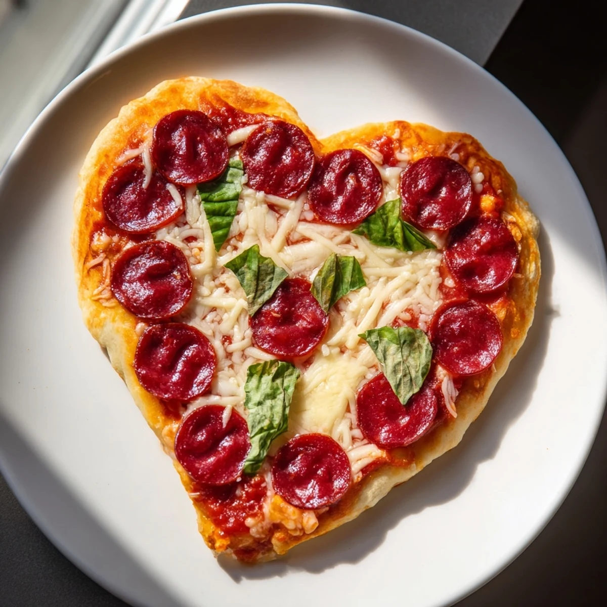 A close-up of Heart Shaped Beef Pepperoni Pizza reveals bubbly cheese, savory beef pepperoni slices, and a glossy tomato sauce base, perfect for a cozy homemade meal.
