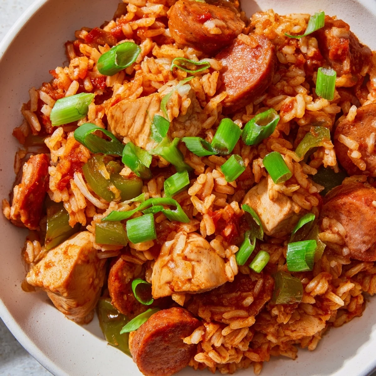 A steaming skillet of Jambalaya with Chicken and Turkey Andouille Sausage, garnished with fresh green onions and parsley.