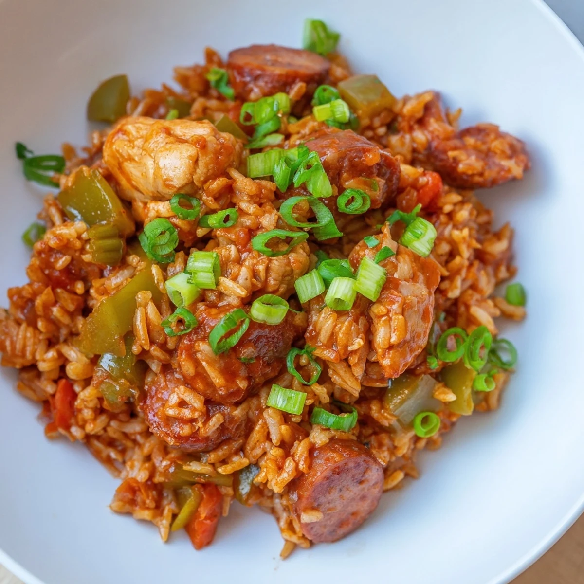Hearty Jambalaya with Chicken and Turkey Andouille Sausage served in a rustic bowl with a side of warm cornbread.