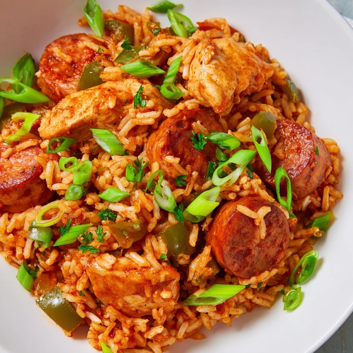Close-up of Jambalaya with Chicken and Turkey Andouille Sausage highlighting smoky sausage, tender chicken, and vibrant peppers in rich sauce.
