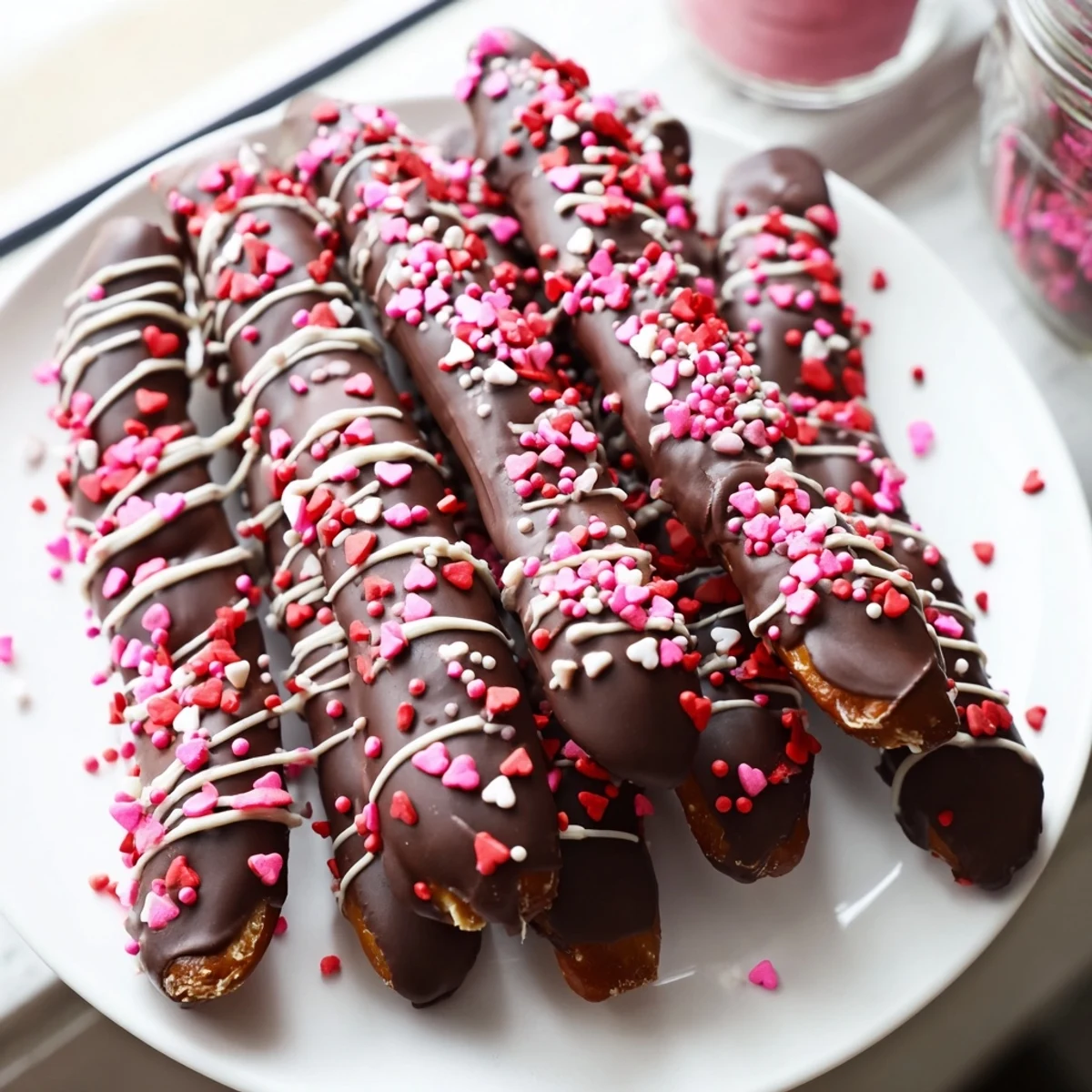 Chocolate Dipped Pretzels with Valentine Sprinkles on a white plate, red and pink hearts glistening on melted semi-sweet chocolate.