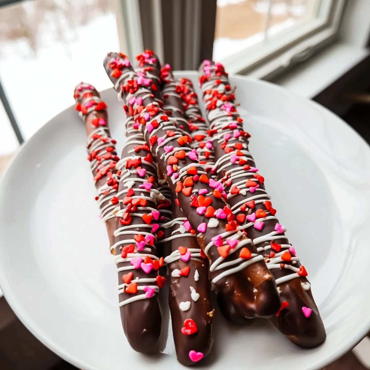 Close-up of Chocolate Dipped Pretzels with Valentine Sprinkles, showing crunchy pretzel rods with smooth drizzled white chocolate.