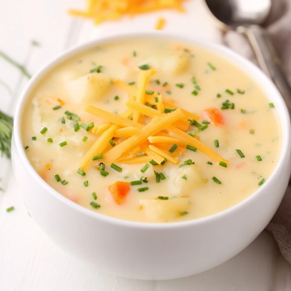 Creamy Irish Potato Soup with Cheddar and Chives served hot in a rustic bowl, garnished with extra sharp cheddar and fresh chives.