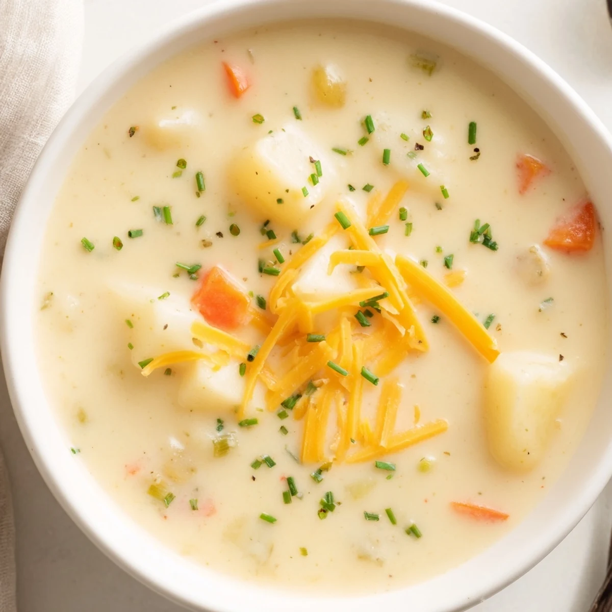Steaming bowl of Irish Potato Soup with Cheddar and Chives, featuring tender potato chunks in a rich broth beside crusty bread.