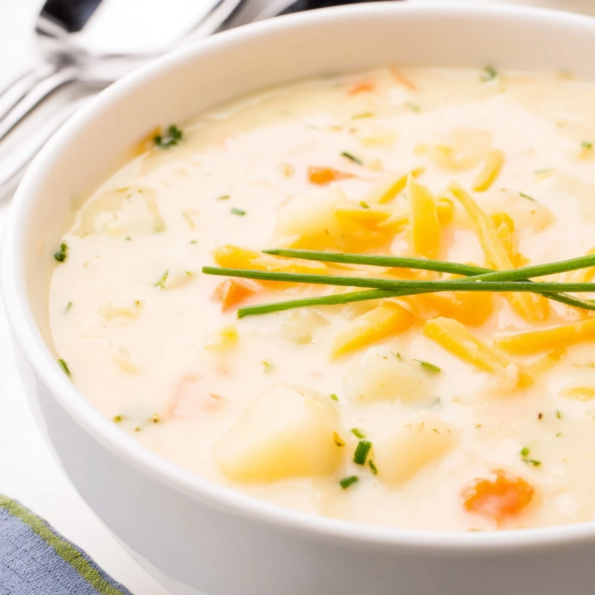 A spoon dipping into a warm pot of Irish Potato Soup with Cheddar and Chives, showcasing its velvety texture and melted cheese.