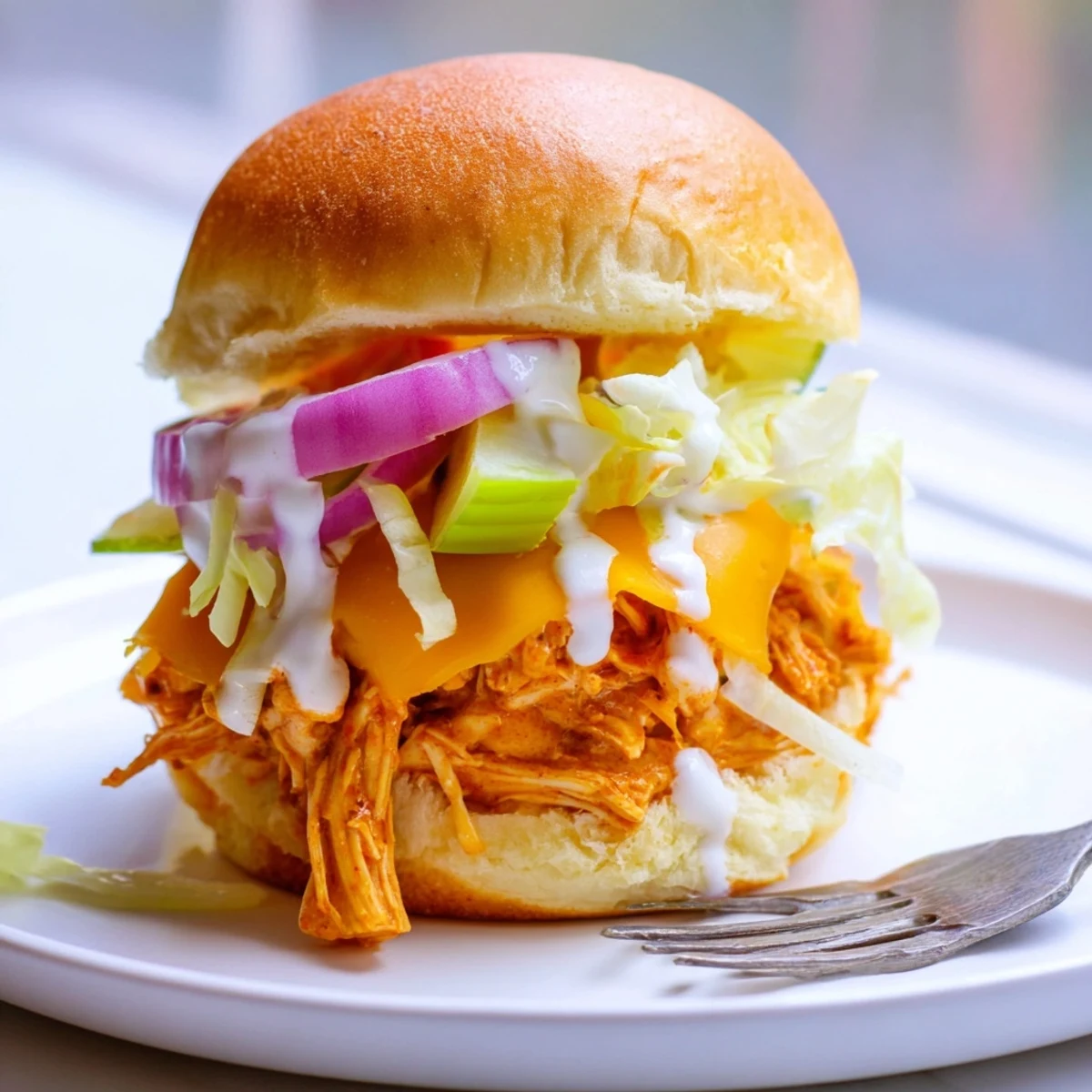 Fresh shredded lettuce and celery garnish these warm, cheesy Buffalo Chicken Sliders with Ranch Dressing.