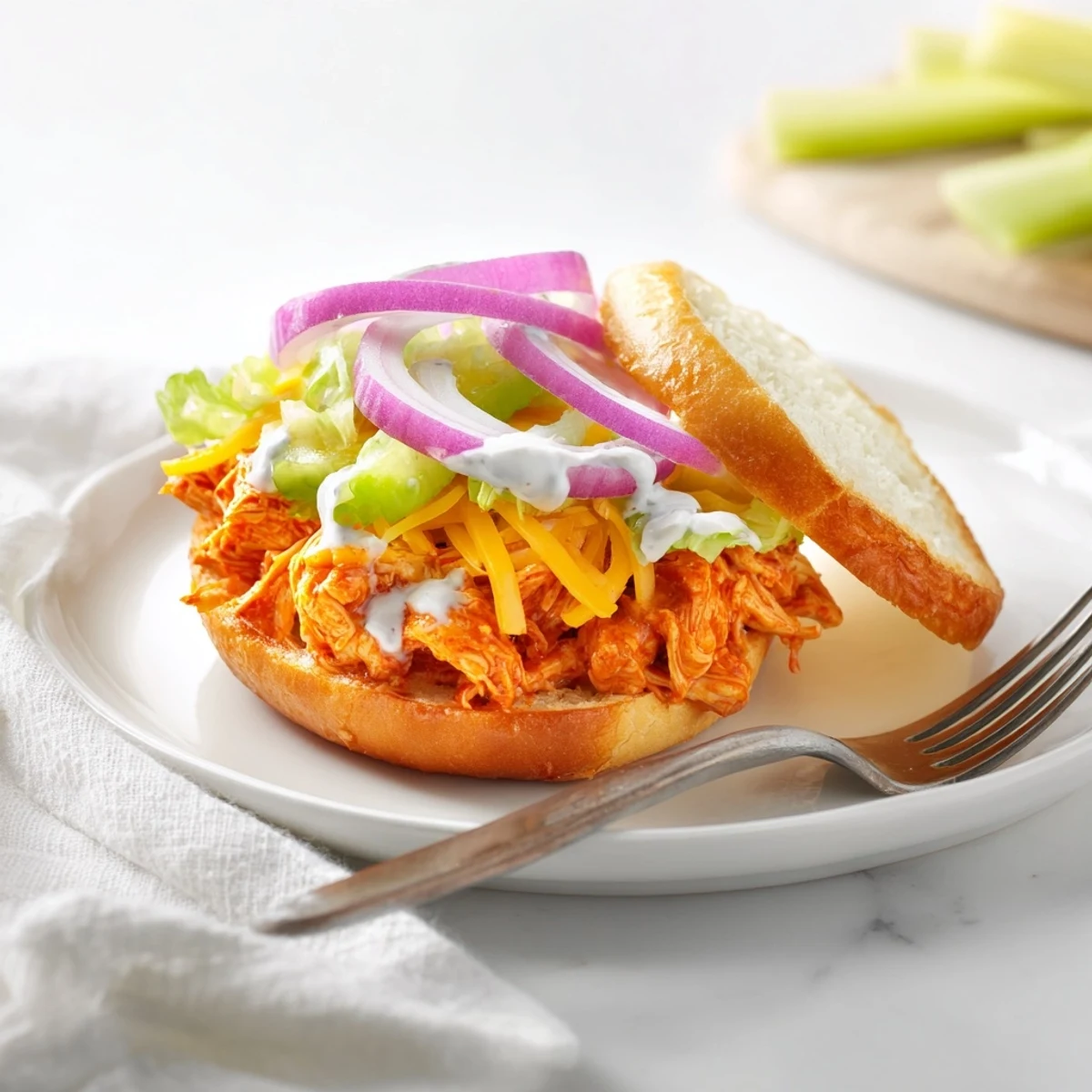 Freshly baked sliders feature tangy buffalo chicken piled high, finished with a drizzle of cool ranch dressing.