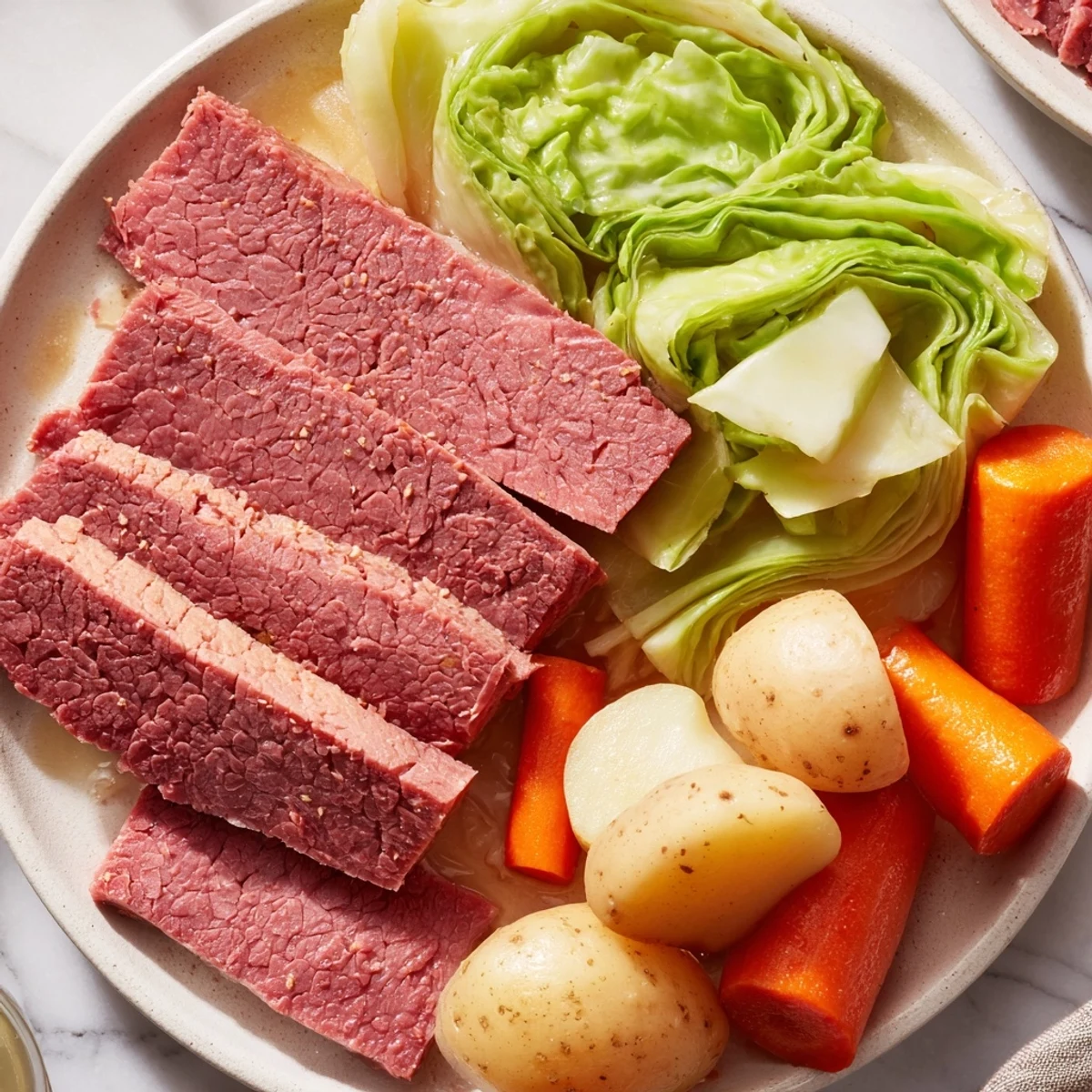 Sliced corned beef and tender cabbage wedges on a platter, surrounded by carrots and potatoes, ready for a St. Patrick’s Day dinner.