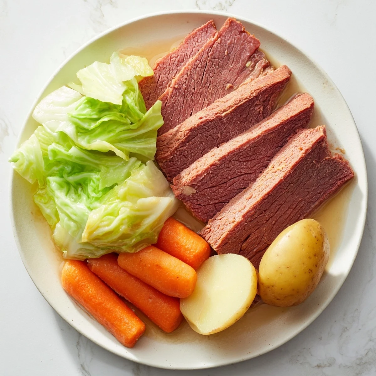 Tender corned beef brisket nestled with cabbage, carrots, and potatoes, steaming in rich broth for a classic Irish-American meal.