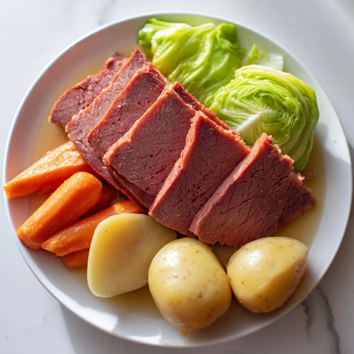A hearty serving of corned beef and cabbage with potatoes and carrots, perfect for a comforting family dinner on St. Patrick’s Day.