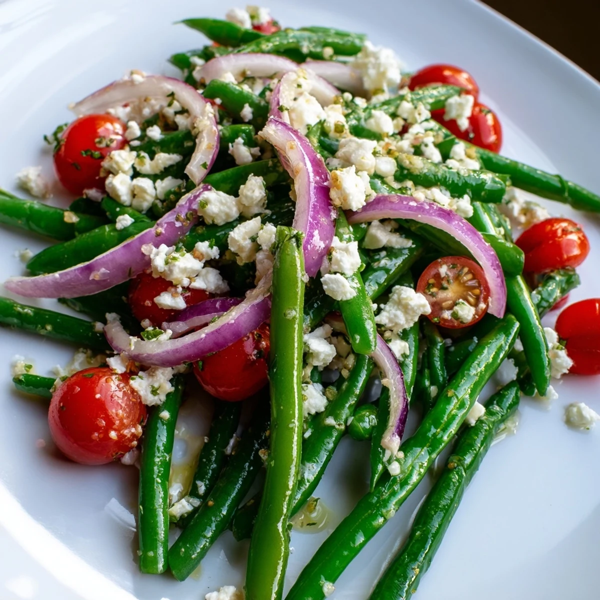 Vibrant green bean salad with feta and cherry tomatoes, topped with crumbled feta and a zesty lemon vinaigrette for a refreshing summer side.