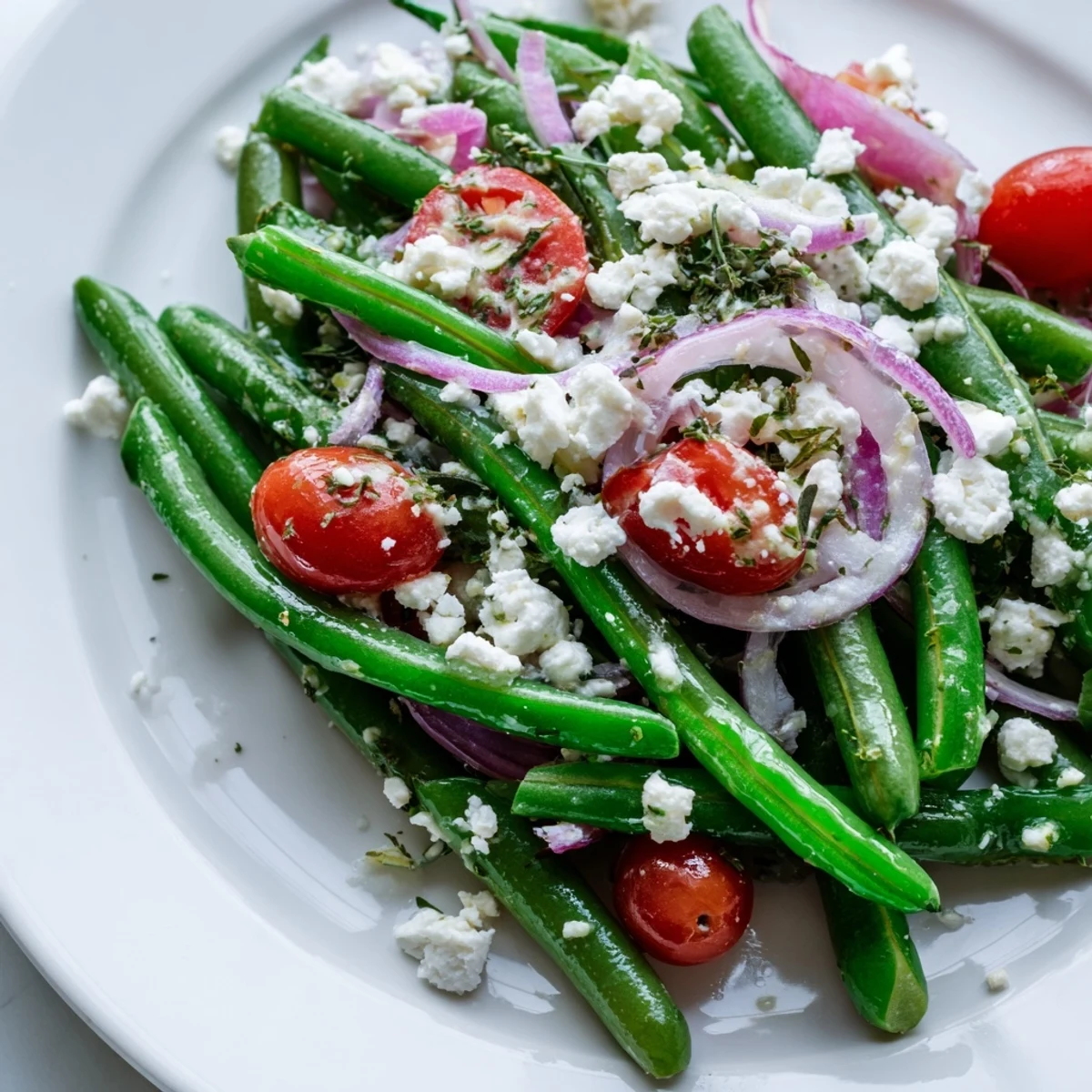 A simple green bean salad with feta, blanched for crunch, tossed with parsley, red onion, and a tangy lemon-olive oil vinaigrette.