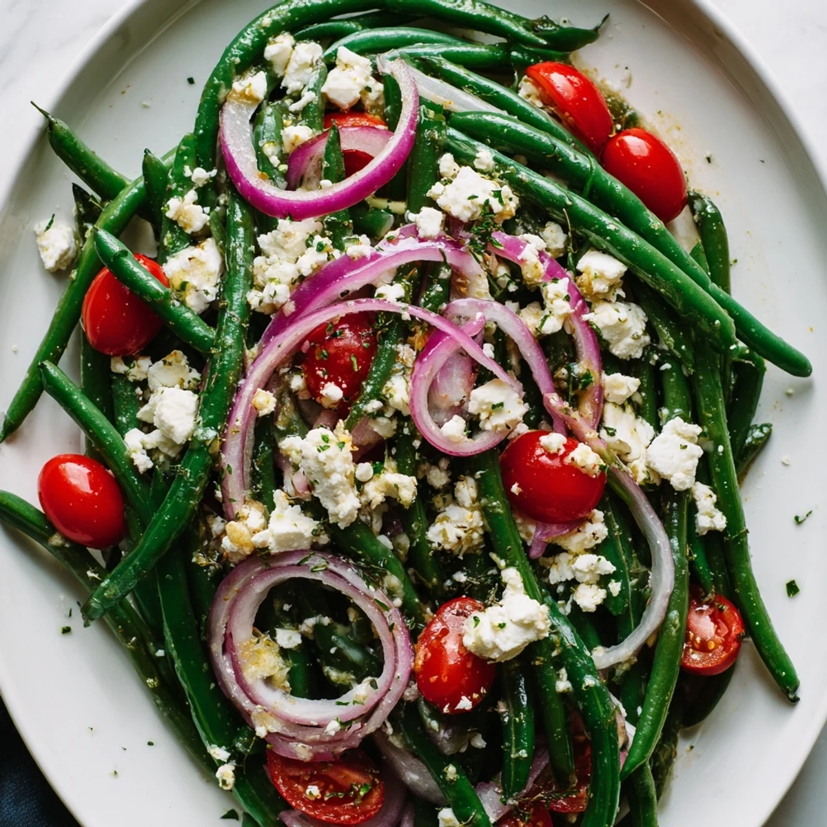 Heirloom cherry tomatoes and red onion mingle with crisp green beans, finished with feta cheese and a bright lemon dressing in this salad.