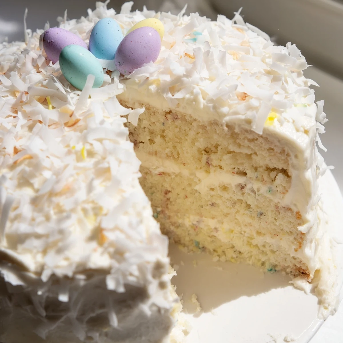 A freshly baked Easter Coconut Cake sits on a white plate, its fluffy layers peeking through creamy coconut frosting and a generous topping of fluffy coconut flakes.