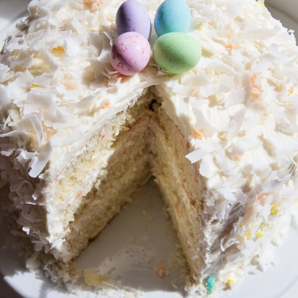 A rustic kitchen counter displays an Easter Coconut Cake surrounded by scattered toasted coconut flakes and pastel candy eggs, ready for a spring celebration.
