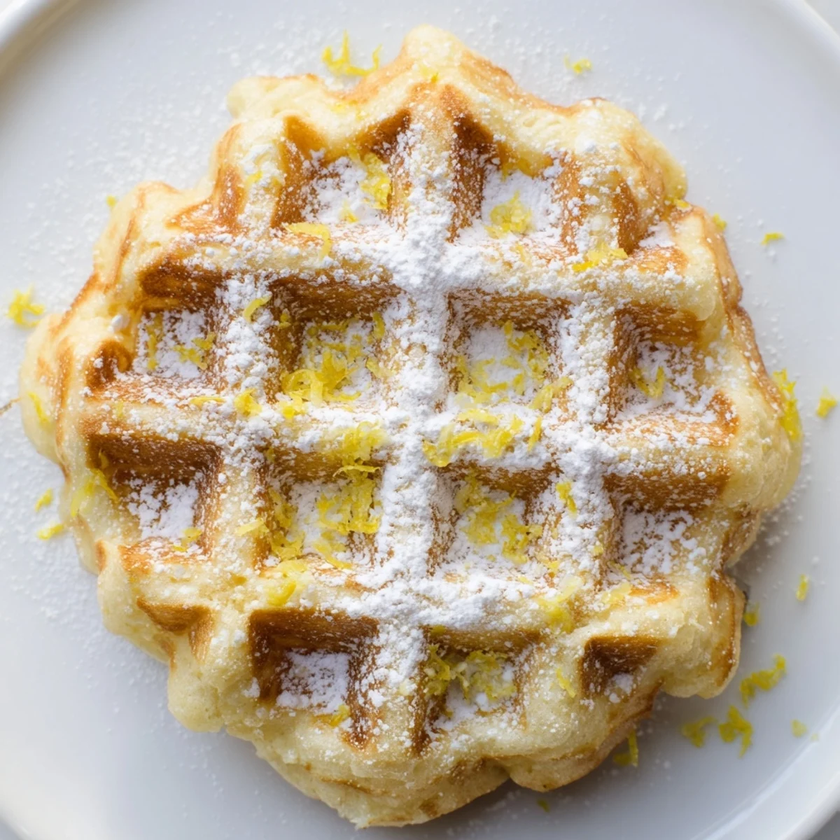 Golden-brown Lemon Ricotta Waffles fresh from the iron, perfectly crisp on the outside with a tender, fluffy interior.  