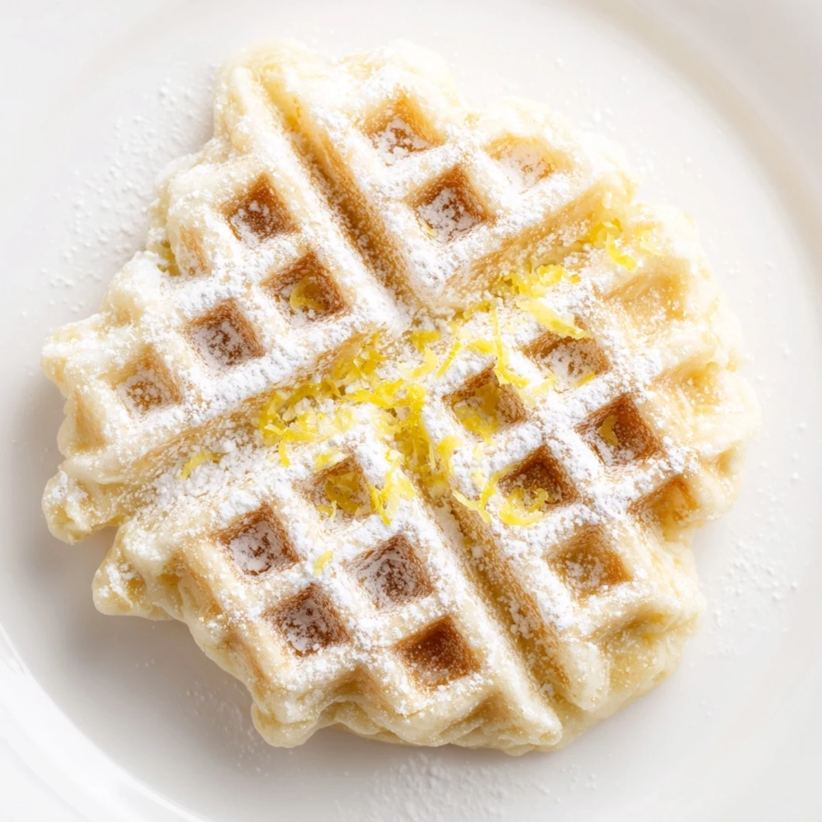 A close-up of fluffy Lemon Ricotta Waffles topped with fresh blueberries and a drizzle of pure maple syrup.  