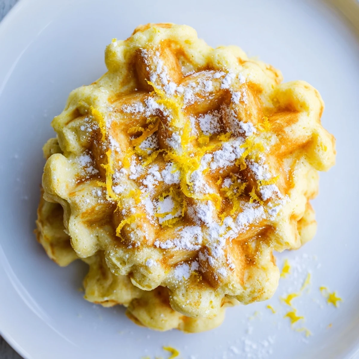 Warm, light Lemon Ricotta Waffles dusted with powdered sugar, served alongside a steaming cup of coffee.