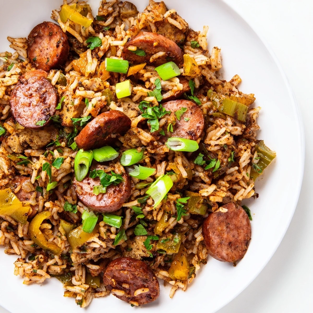 A close-up of steaming Mardi Gras Dirty Rice with sausage, garnished with fresh green onions and parsley, ready for a lively celebration.