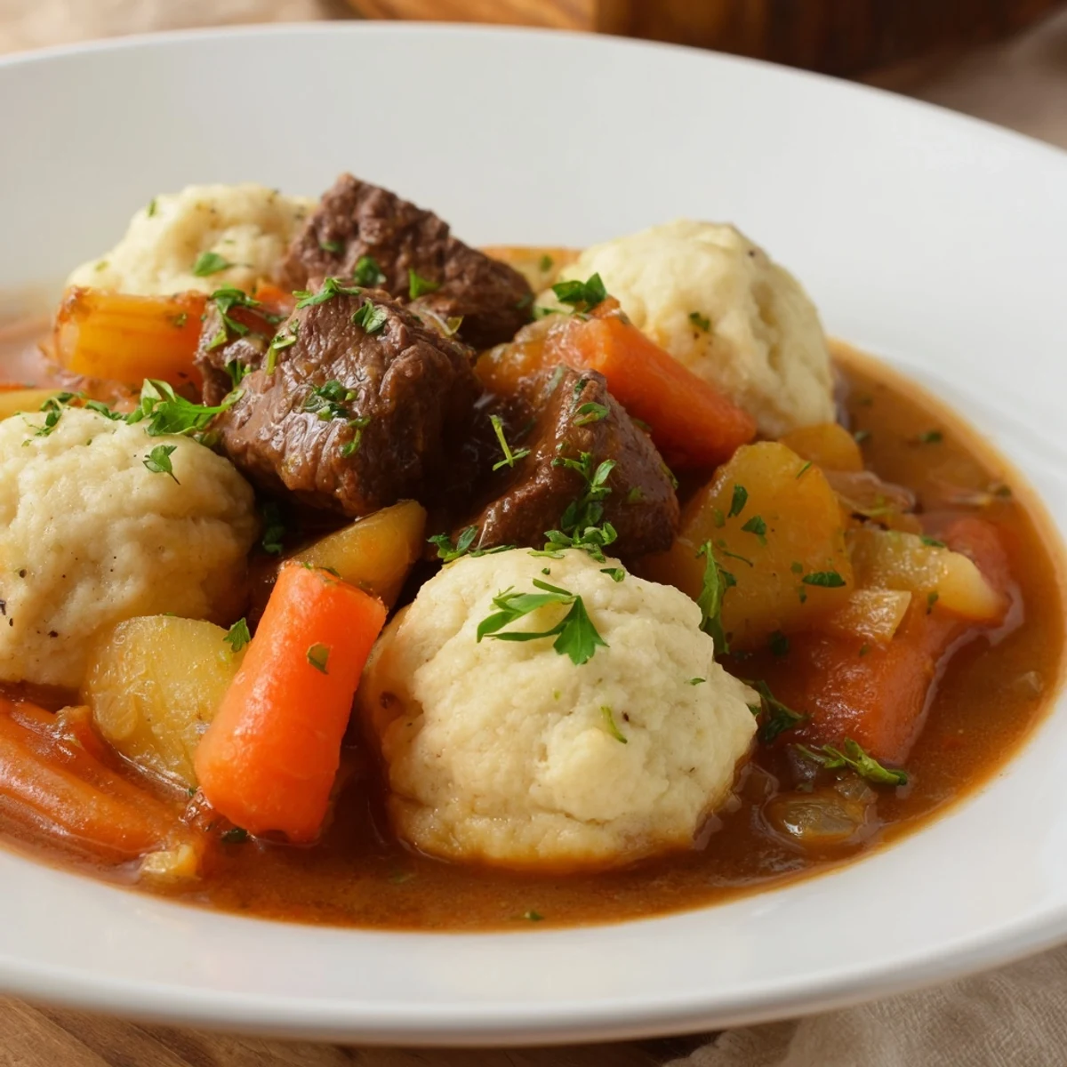 A close-up of rich Irish Beef Stew with Dumplings, featuring carrots, parsnips, and herbs in a dark broth.  