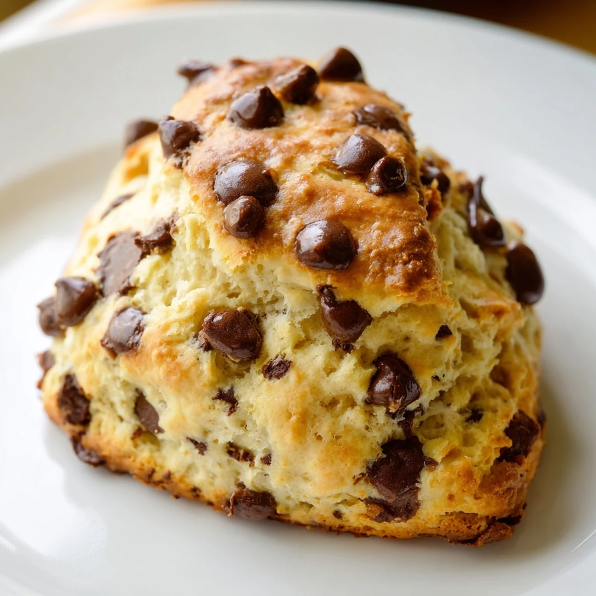 Warm, golden Chocolate Chip Scones fresh from the oven, with melted chocolate chips on a wooden serving board.  