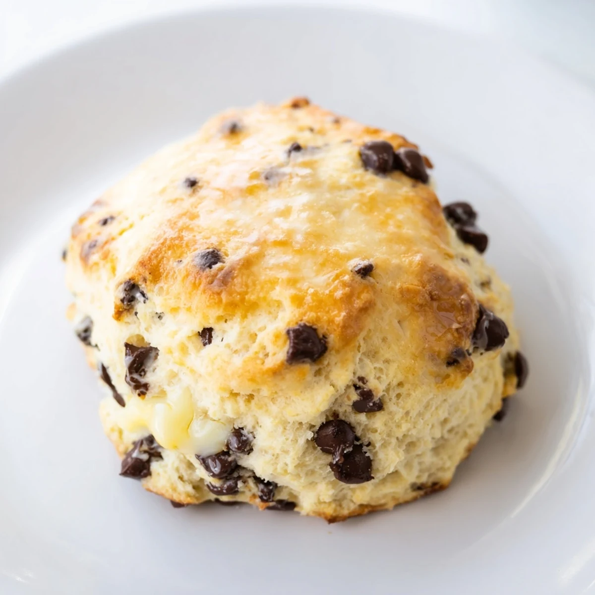Flaky, tender Chocolate Chip Scones dusted with sugar, paired with coffee on a rustic kitchen table.
