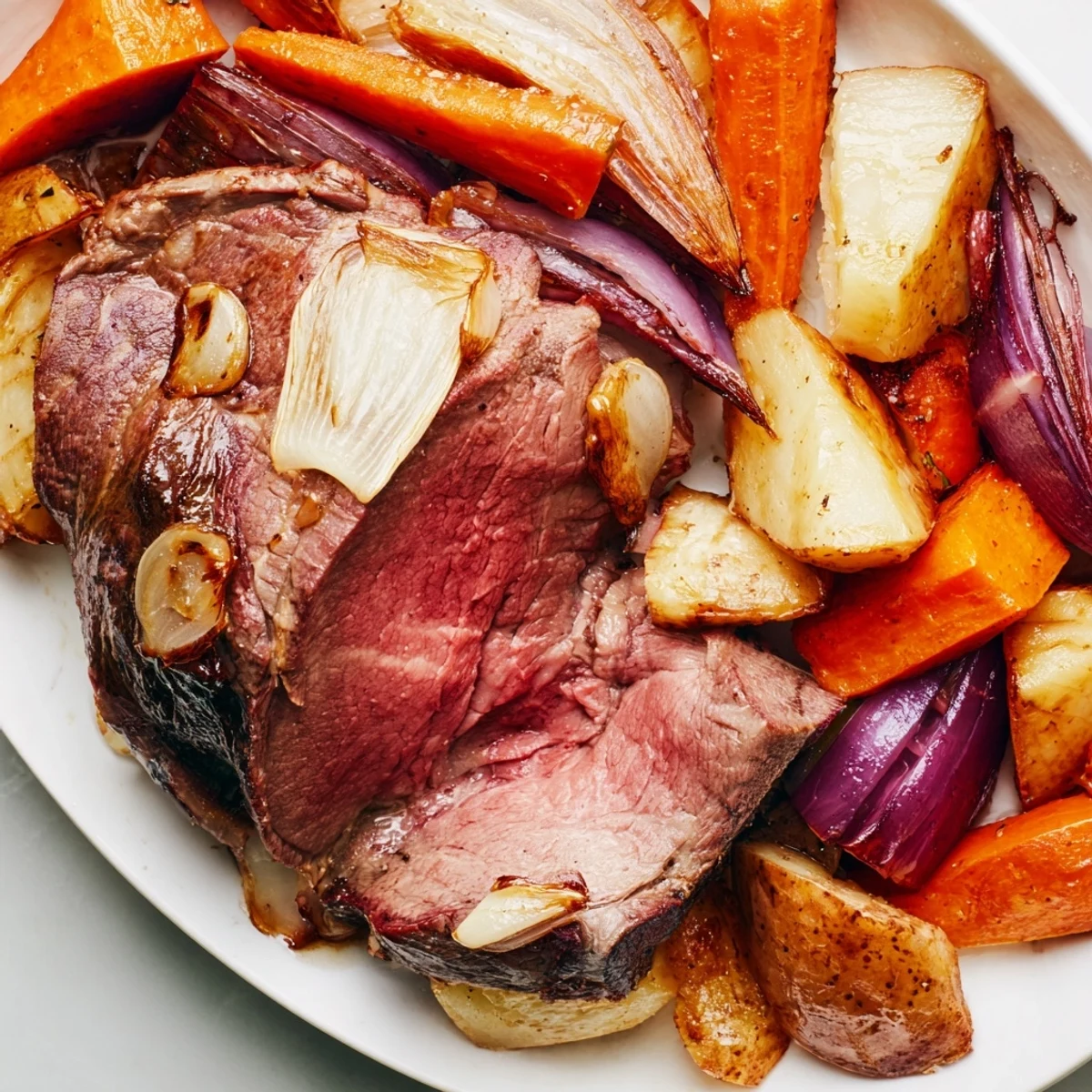 A close-up of Roasted Lamb with Root Vegetables, glistening with rosemary and juices, served sliced on a platter.