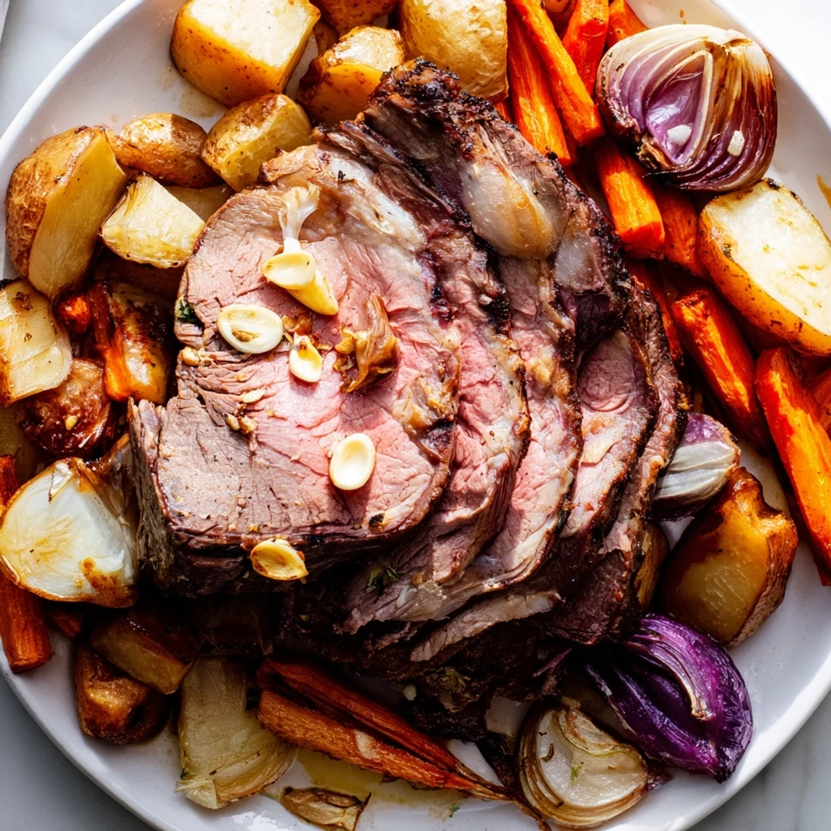 Carved slices of Roasted Lamb with Root Vegetables display a juicy pink center beside rustic oven-roasted vegetable wedges.