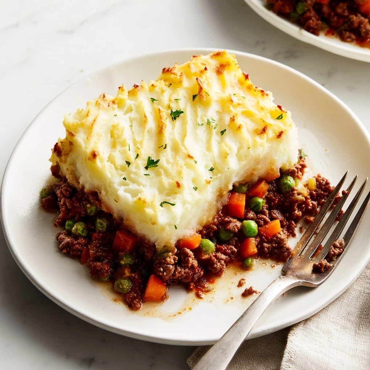 A close-up of homemade Beef Shepherds Pie with Peas, featuring creamy mashed potatoes with fork marks over savory beef filling and bright green peas.  