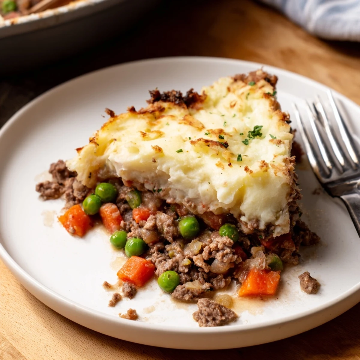 Hearty Beef Shepherds Pie with Peas is served steaming hot from the oven, with golden-brown potato peaks and colorful vegetables in a rich gravy.  