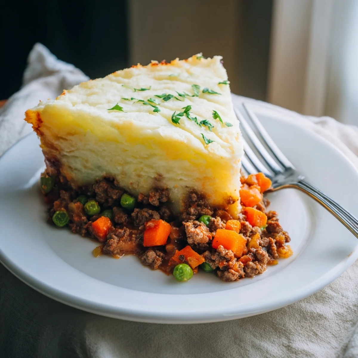 Comforting Beef Shepherds Pie with Peas showcases tender ground beef, sweet peas, and a blanket of velvety mashed potatoes, garnished with fresh parsley.