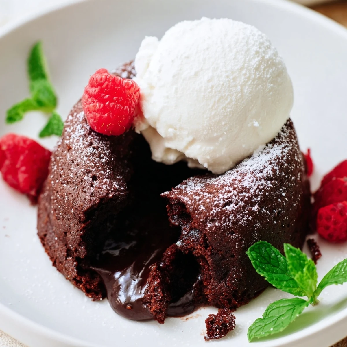 Four warm, molten Chocolate Lava Cakes with a scoop of vanilla ice cream melting on top.