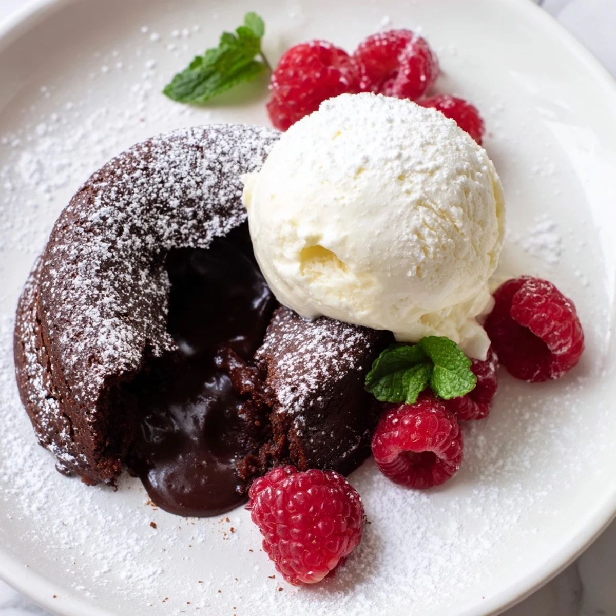 Indulgent Chocolate Lava Cakes topped with creamy vanilla ice cream and a dusting of cocoa powder.