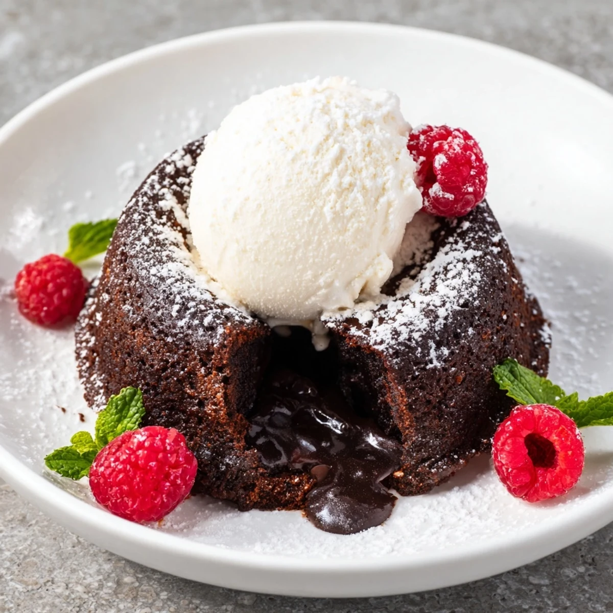 Close-up of a gooey-centered Chocolate Lava Cake served with vanilla ice cream and fresh berries.
