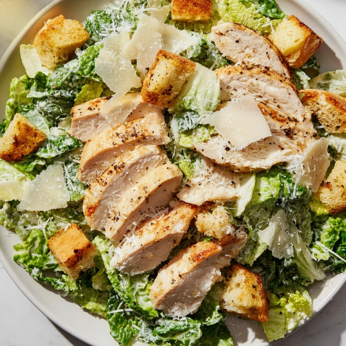 Freshly tossed Chicken Caesar Salad with homemade croutons, creamy dressing, and grated Parmesan cheese.
