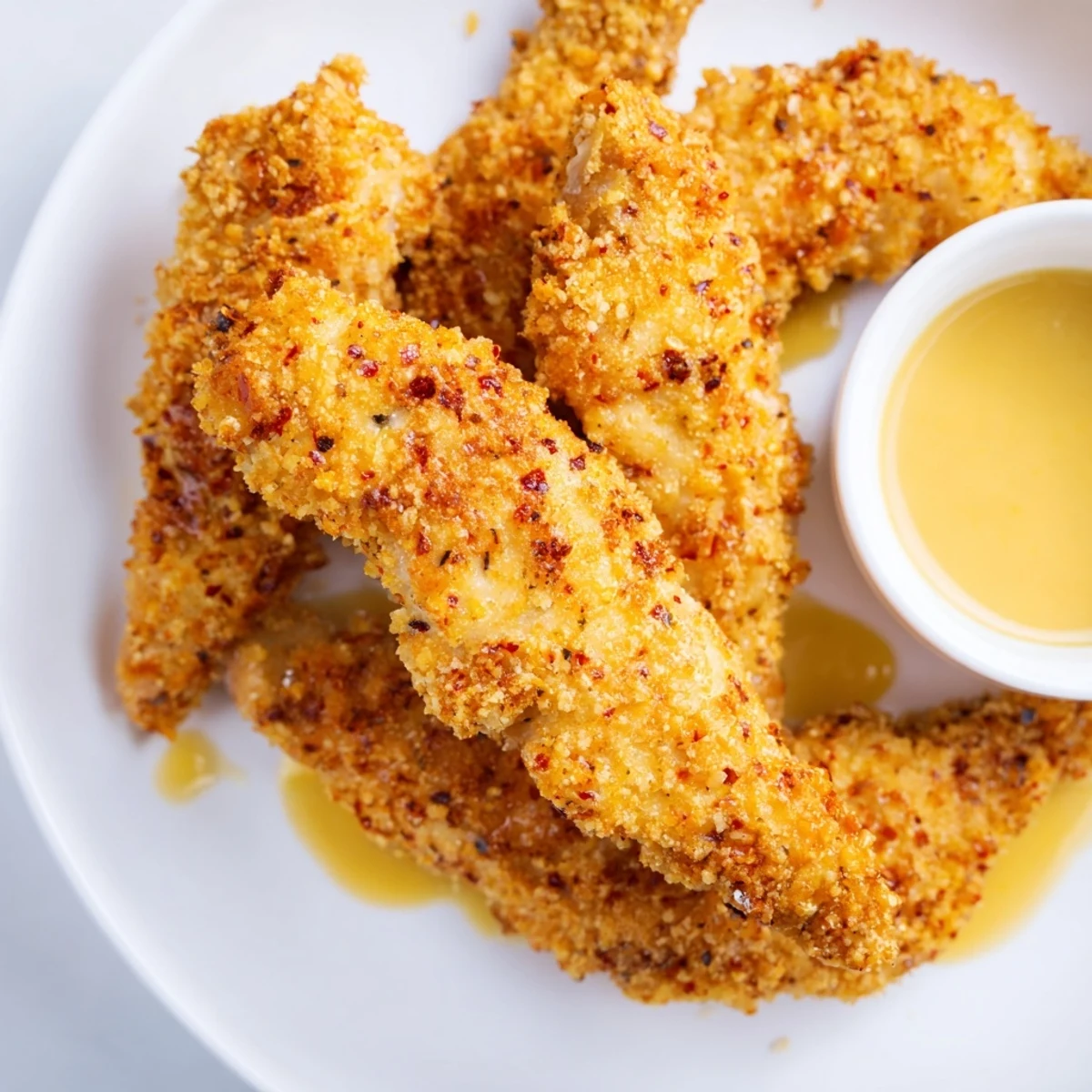 Juicy homemade chicken tenders with crunchy coating and sweet tangy honey mustard sauce, ideal family main dish.