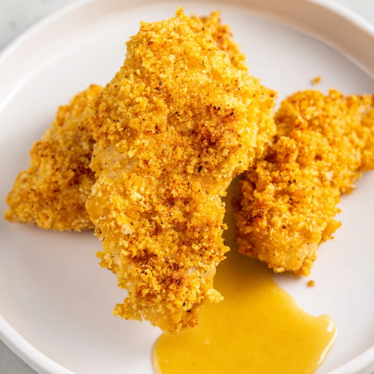 Golden, crispy baked chicken tenders with honey mustard dip arranged on a white plate, ready to serve.
