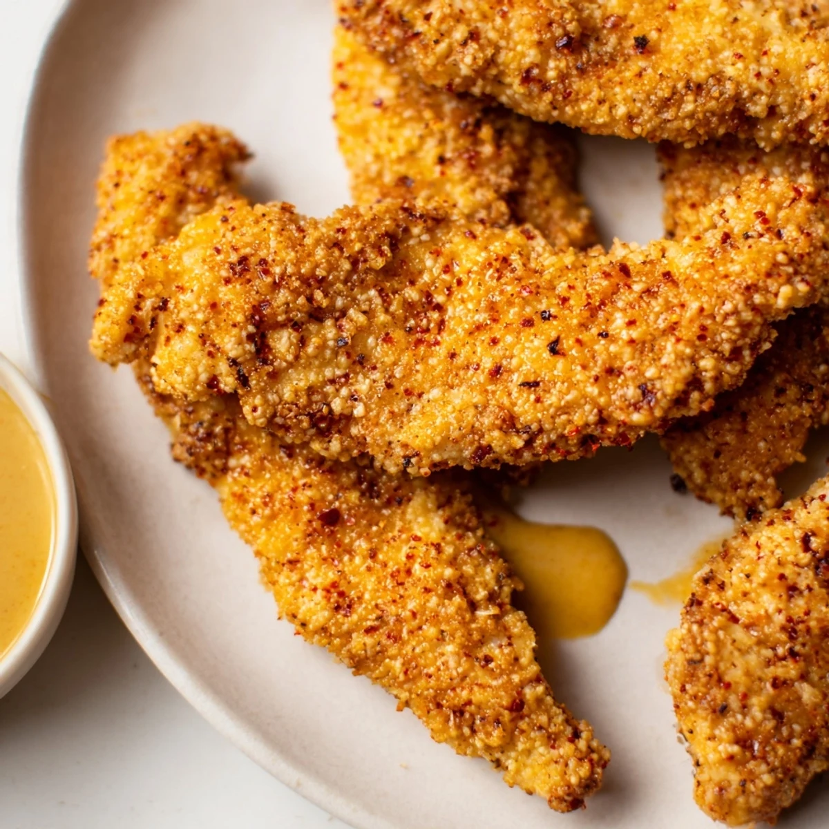 Freshly baked panko-crusted chicken tenders drizzled with honey mustard, perfect for weeknight dinner or game day.