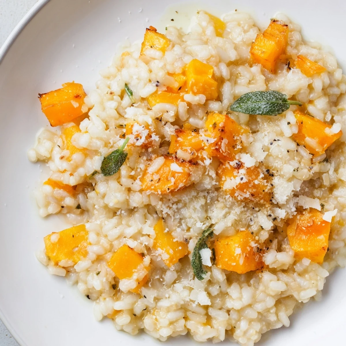 Creamy Winter Squash Risotto with Sage and Parmesan served warm in a rustic bowl, garnished with fresh sage leaves and a drizzle of olive oil.